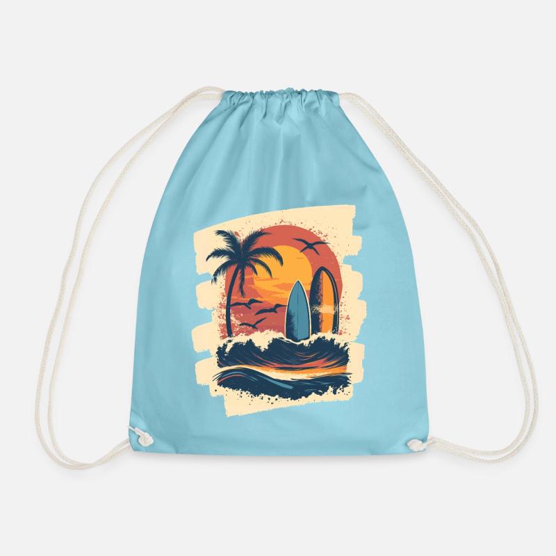 Beach Palm Trees Sunset Surfer Summer - Drawstring Bag - aqua
