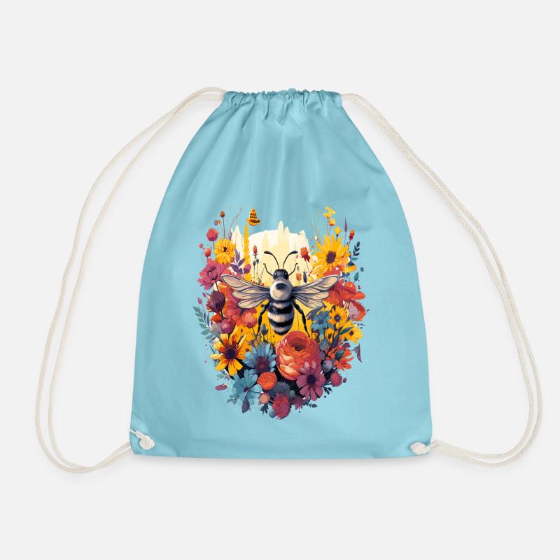 Bee in a flower wreath - Drawstring Bag - aqua