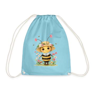 Cute bee with flower hat and garden motif for - Drawstring Bag - aqua - Front
