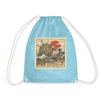 Ukiyoe Katze Tsunami Wolle Stricken Japan Retro - Turnbeutel - Aqua - Vorne