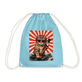 Retro DJ Katze Rot Getigert Plattenspieler - Turnbeutel - Aqua - Vorne