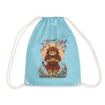 Samurai Katze mit Katana vor roter Sonne - Turnbeutel - Aqua - Vorne