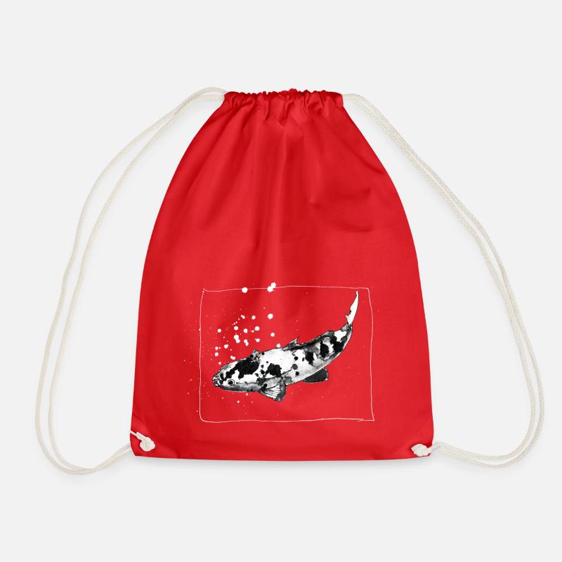 KOI Carp - hand-drawn ink drawing - white - Drawstring Bag - red