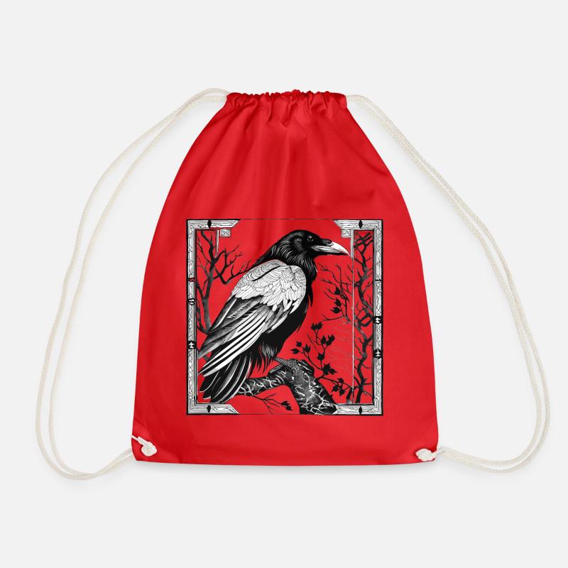 Framed Raven in a Tree - Drawstring Bag - red
