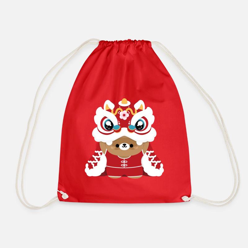 Chinese New Year - Lion Dance Beaver - Drawstring Bag - red