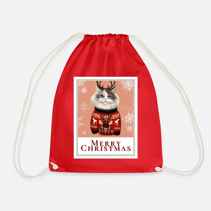Christmas Siberian cat with reindeer on a sweater. - Drawstring Bag - red