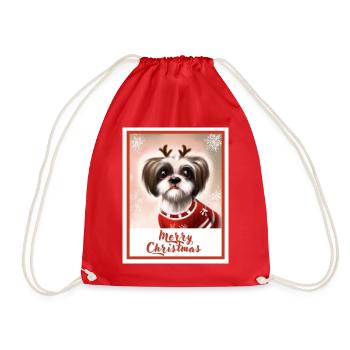 Cute Shih tzu dog in a Christmas sweater. - Drawstring Bag - red - Front