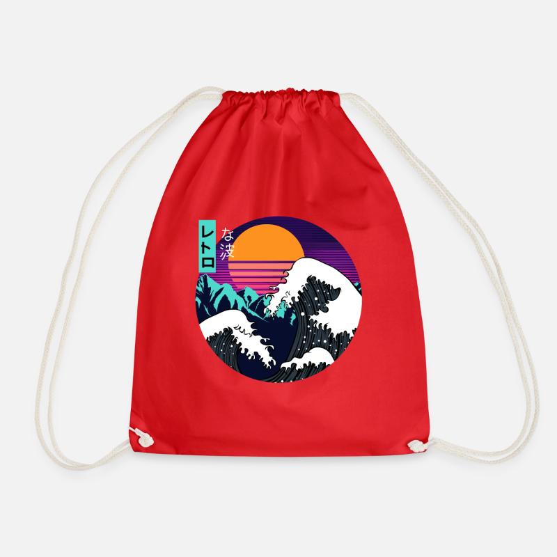 Great Wave Kanagawa Vaporwave Synthwave Aesthetic - Drawstring Bag - red