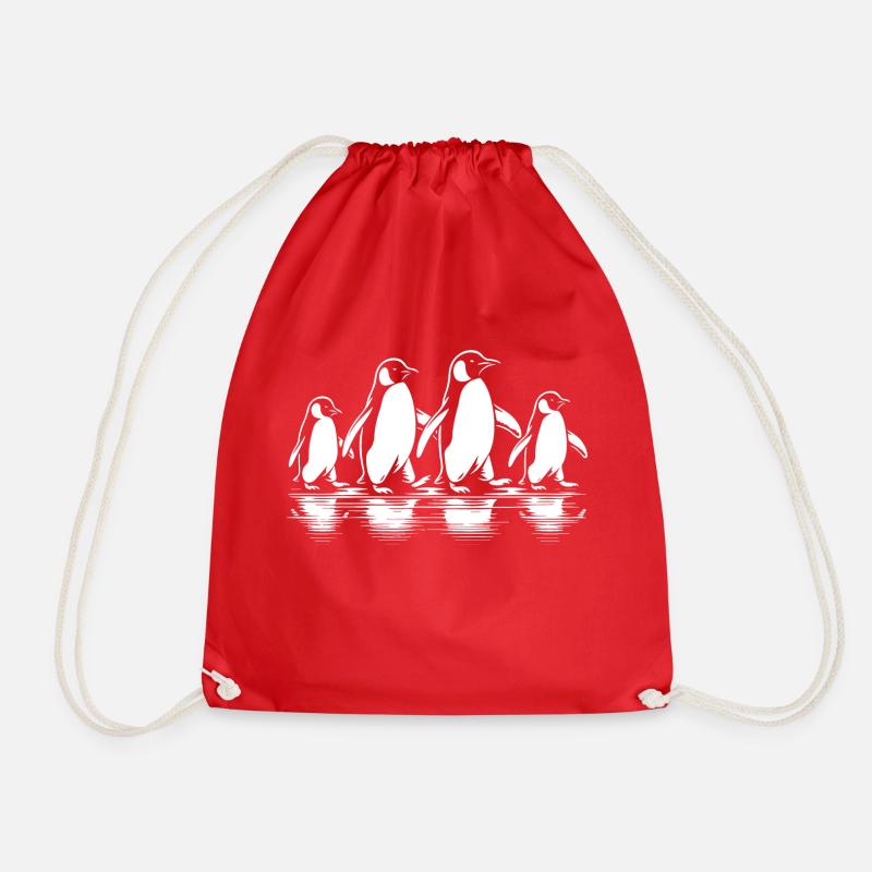 group of penguins walking - Drawstring Bag - red