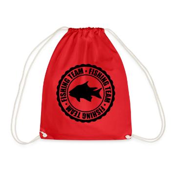 circle round stamp fishing team sport logo caught - Drawstring Bag - red - Front