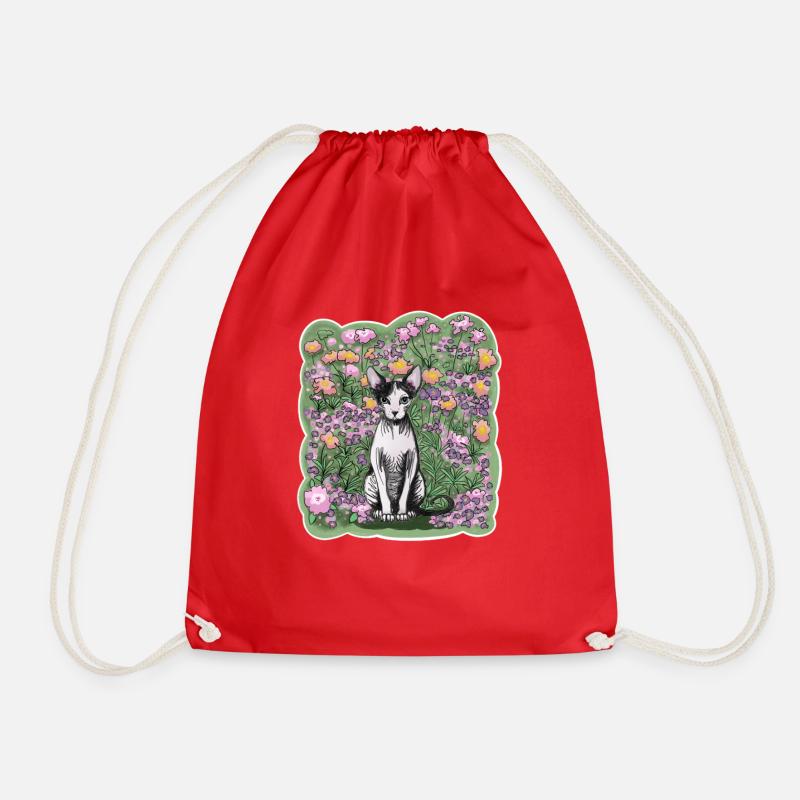 Illustration einer Sphynxkatze zwischen Blumen - Turnbeutel - Rot
