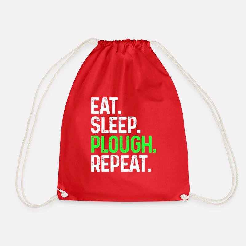 Eat Sleep Plough Repeat Funny Farming - Drawstring Bag - red
