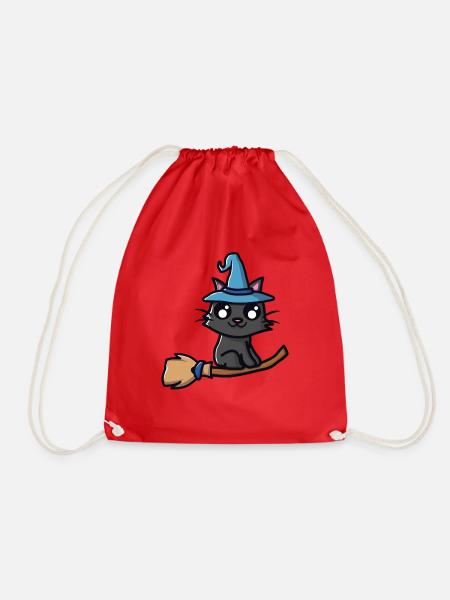 Katze mit Hexenhut auf Hexenbesen - Turnbeutel - Rot