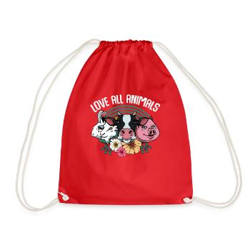 Love All Animals animals vegan vegetarian gift - Drawstring Bag - red - Front