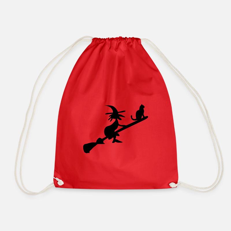 Witch and cat on broom - Drawstring Bag - red