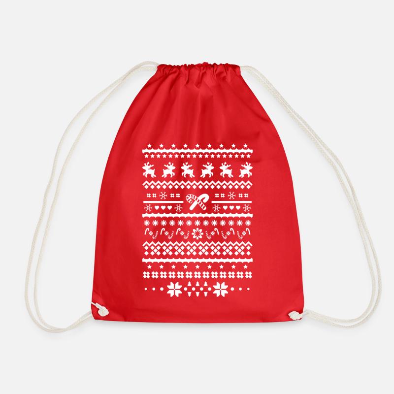 christmas sweater reindeer - Drawstring Bag - red