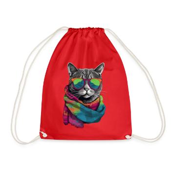 Bunte Katze mit Schal und Sonnenbrille - Turnbeutel - Rot - Vorne