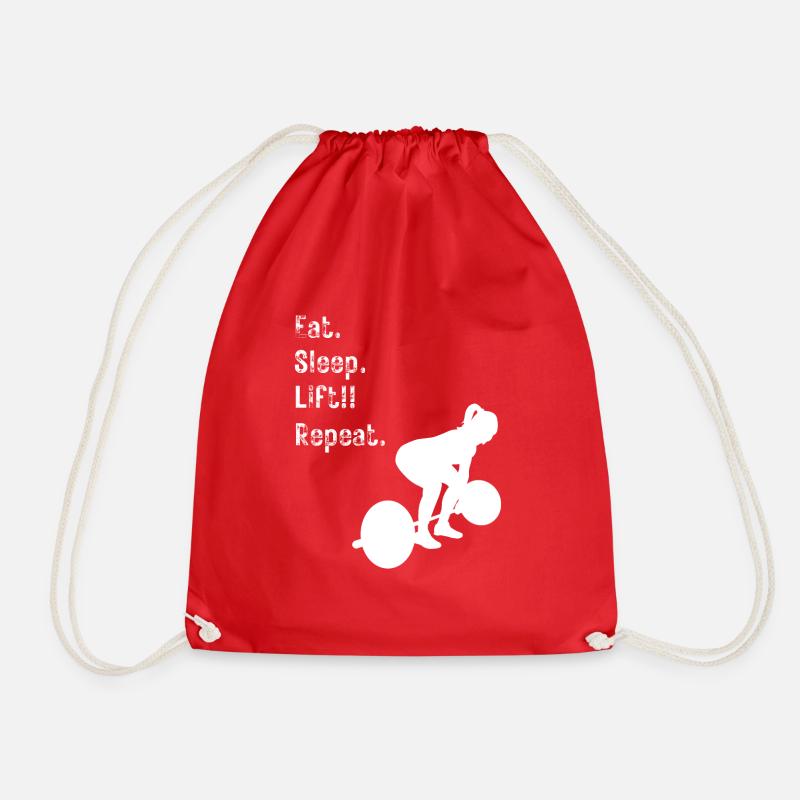 Womens Barbell - Eat. Sleep. Lift!! Repeat. - Drawstring Bag - red