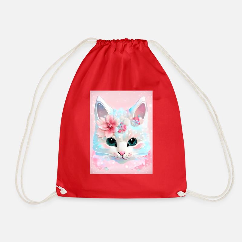 White cat - Drawstring Bag - red