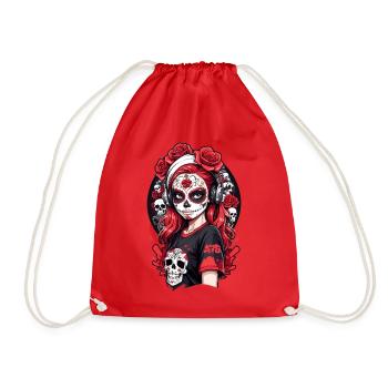 Sugar Skull Girl with Red Hair and White Headband - Drawstring Bag - red - Front