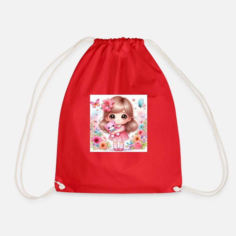 Little Doll with a Teddy Bear - Drawstring Bag - red