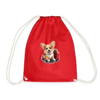 Christmas Happy Corgi with holly and gift - Drawstring Bag - red - Front