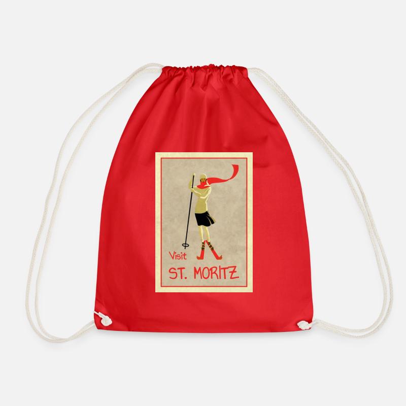 Vintage Retro Travel Poster St Moritz - Drawstring Bag - red