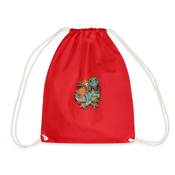 Skeleton Riding Mummy Dinosaur T rex Halloween - - Drawstring Bag - red - Front