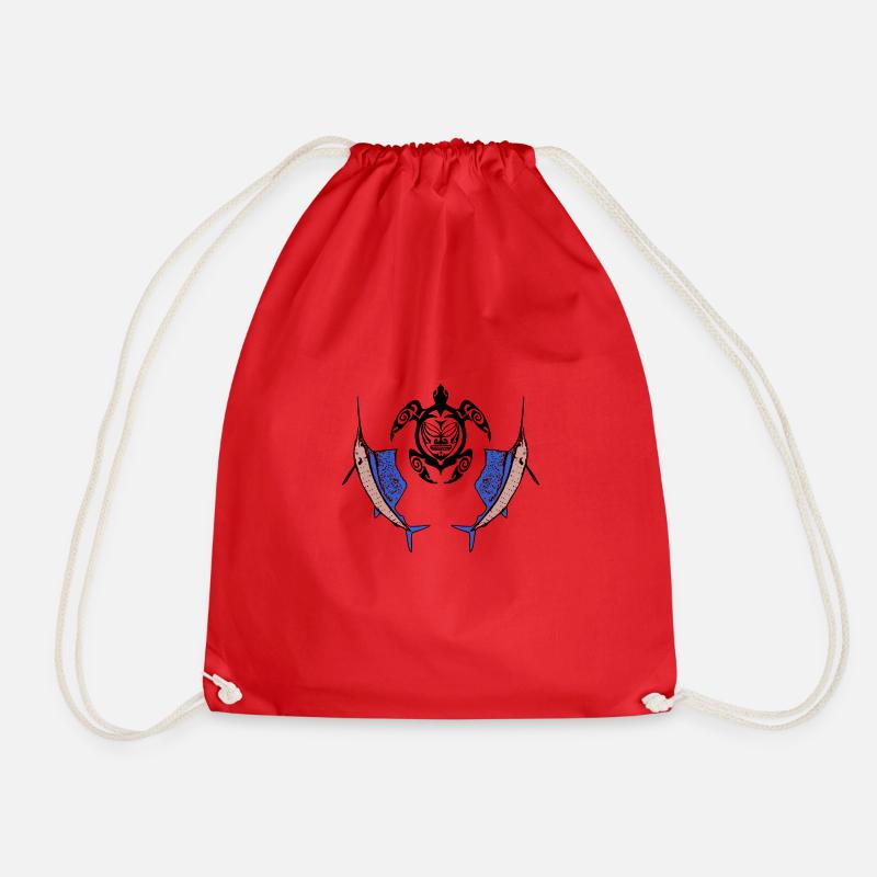 tribal turtle and swordfish - Drawstring Bag - red