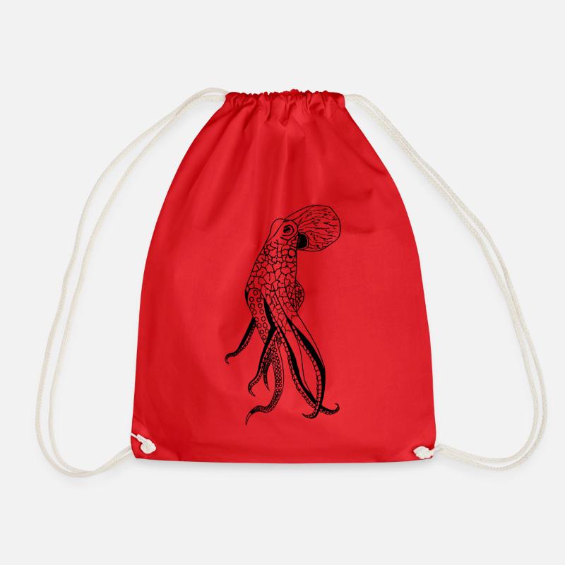 Octopus sea drawing - Drawstring Bag - red