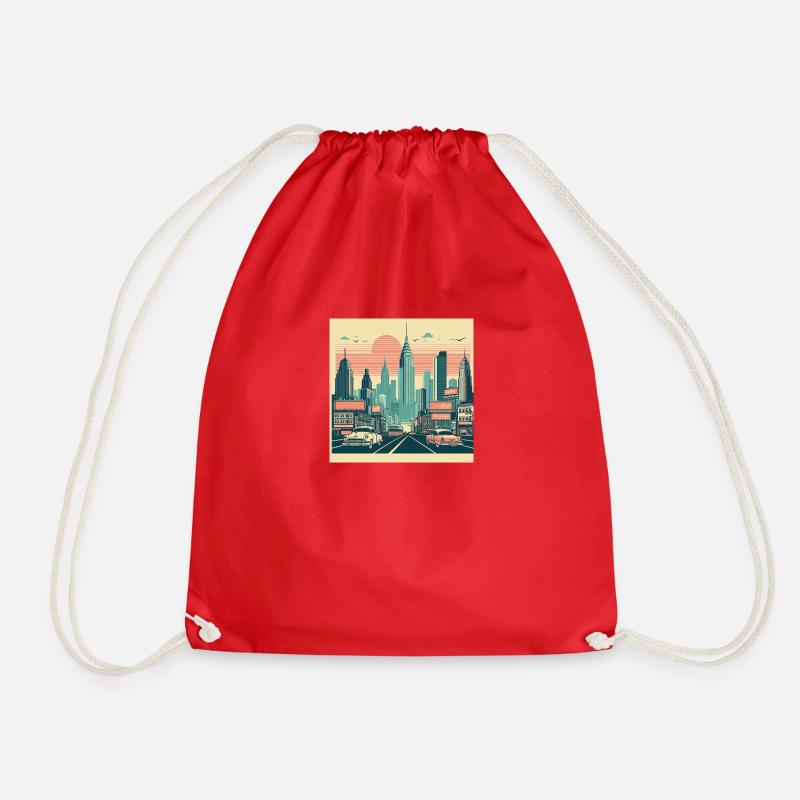 Retro City Sunrise - Drawstring Bag - red