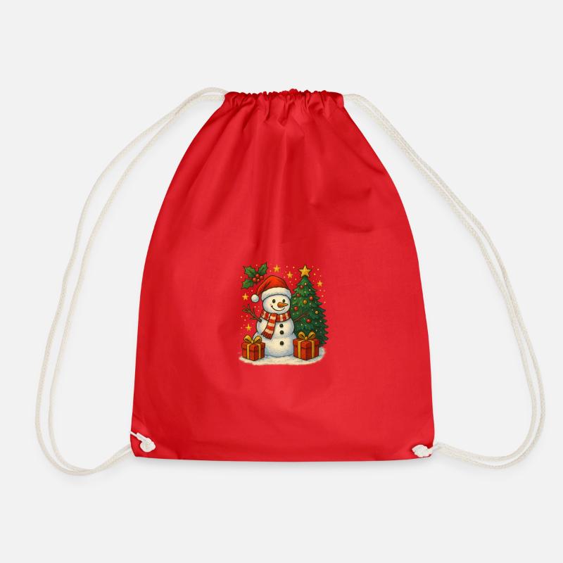 Christmas snowman with tree and gifts - Drawstring Bag - red