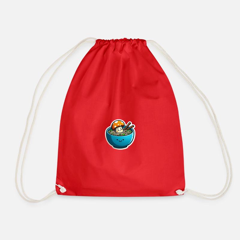 A noodle soup with mushrooms in kawaii style - Drawstring Bag - red