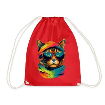 Bunte Katze mit Schal und Sonnenbrille - Turnbeutel - Rot - Vorne