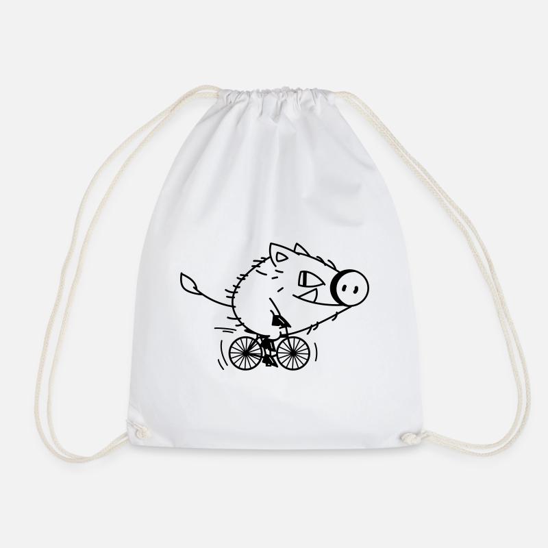 Funny boar rides a bicycle c - Drawstring Bag - white
