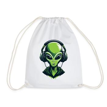 Alien with Headphones – Minimalistic Techno design - Drawstring Bag - white - Front