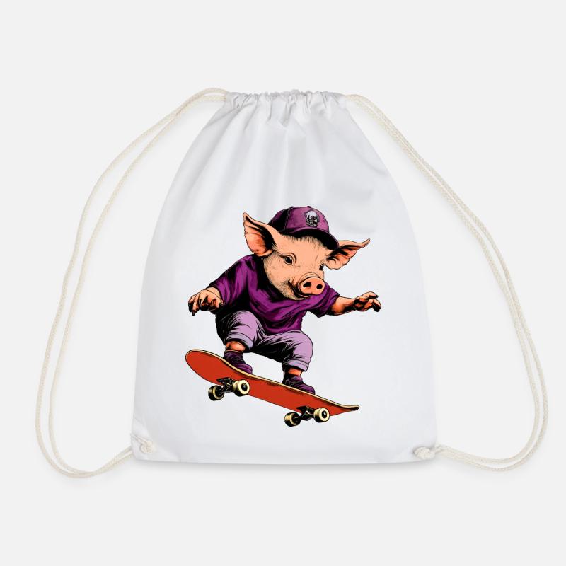 Pig Skateboard / Skater Pig - Drawstring Bag - white