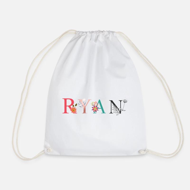 RYAN Name Art With Flowers Embroidered - Drawstring Bag - white