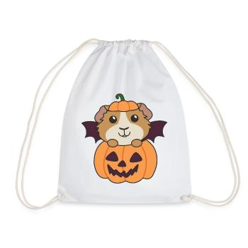 Guinea Pig Happy Halloween Pumpkin Bat - Drawstring Bag - white - Front
