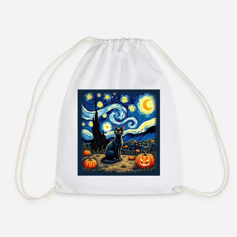Halloween Cat – Van Gogh Style with Pumpkins - Drawstring Bag - white