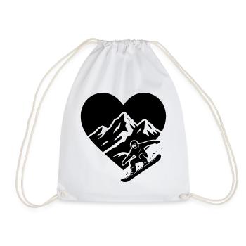 Snowboarder with heart mountain landscape in background - Drawstring Bag - white - Front
