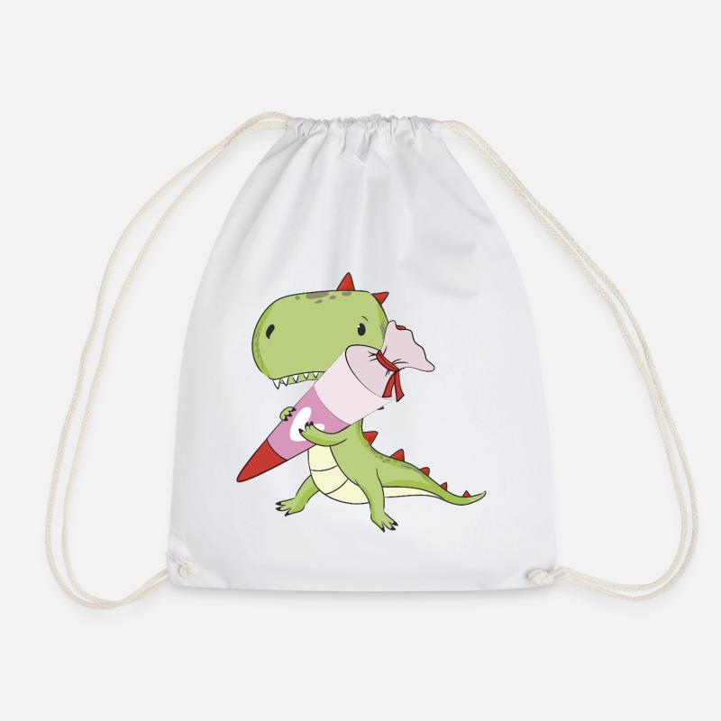 DINO mit rosa Schultüte, Schule - Turnbeutel - Weiß