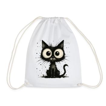 Funny black cat with big eyes – splash - Drawstring Bag - white - Front