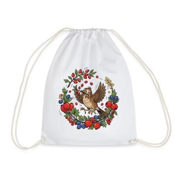 Cheerful bird in a berry wreath - Drawstring Bag - white - Front