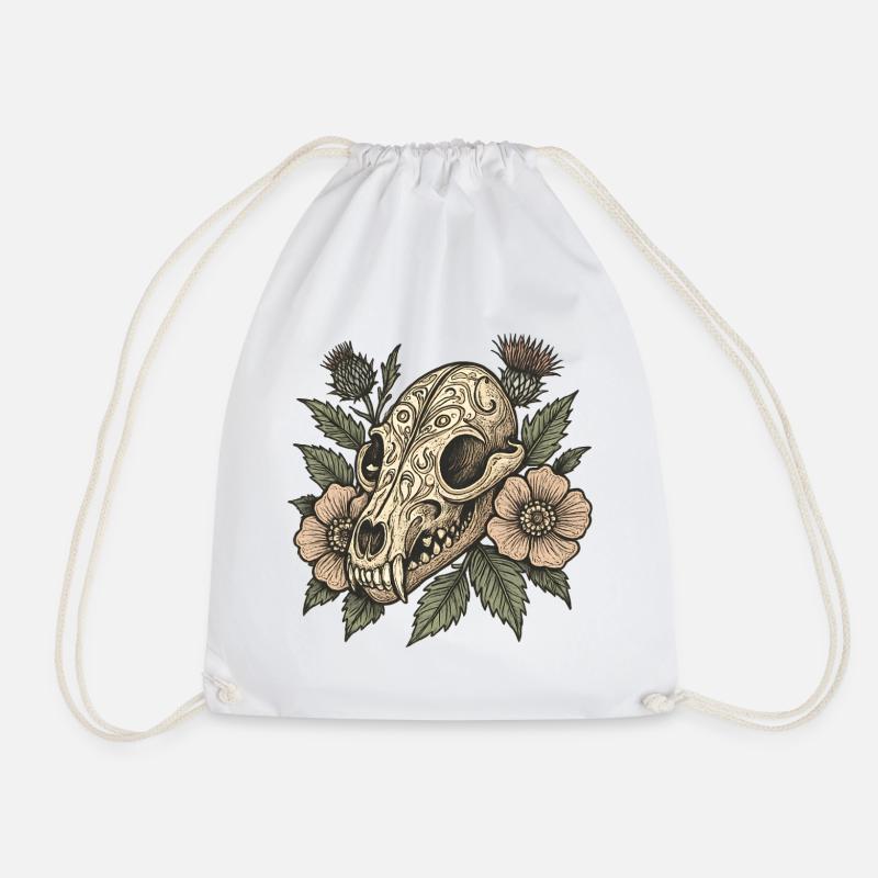 Vintage Skull with Flowers - Drawstring Bag - white