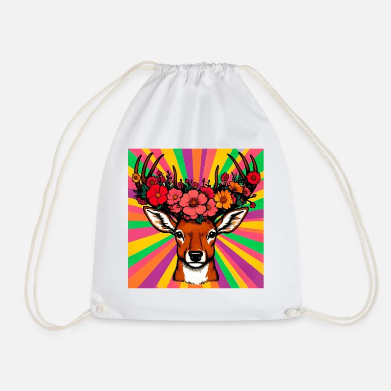 Deer with Flowers - Drawstring Bag - white