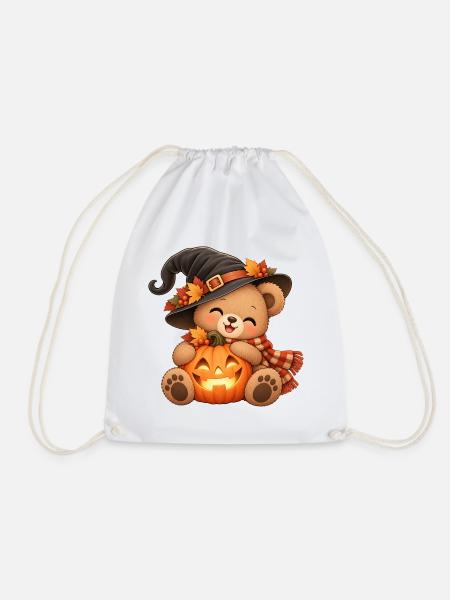 Halloween-Teddy mit Kürbis - Turnbeutel - Weiß