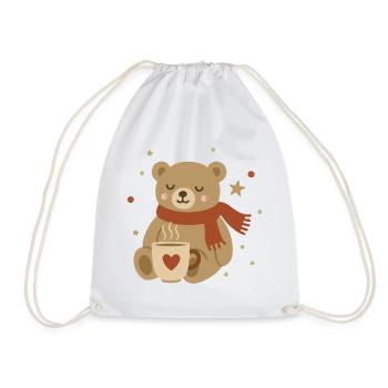 Cute Bear with Scarf & Warm Cup - Drawstring Bag - white - Front