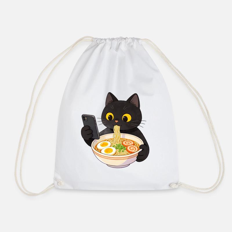Schwarze Katze mit Smartphone und Ramen Nudeln - Turnbeutel - Weiß