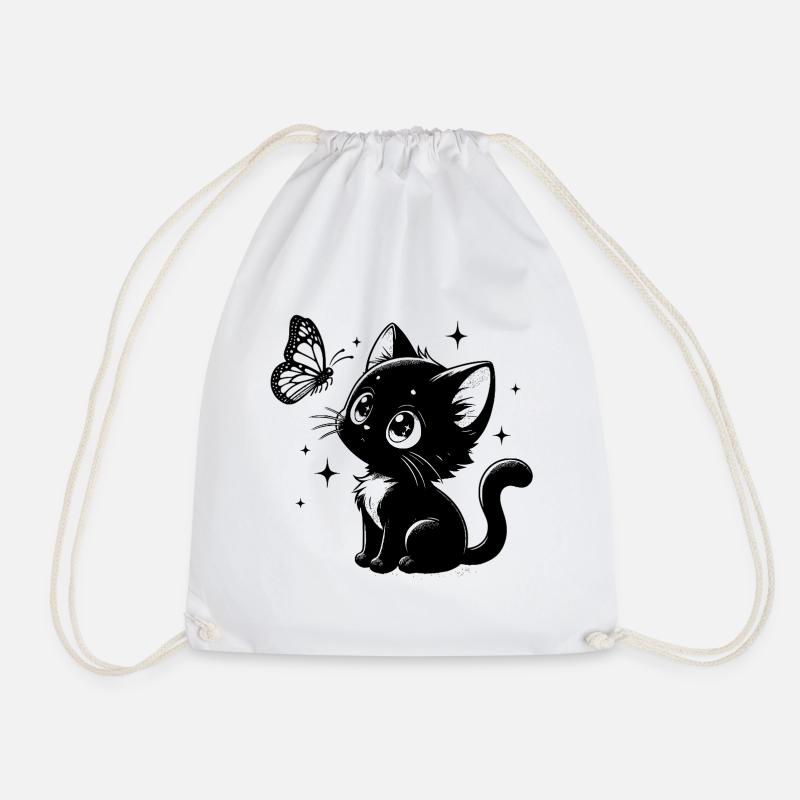 Cat with Butterfly - Drawstring Bag - white